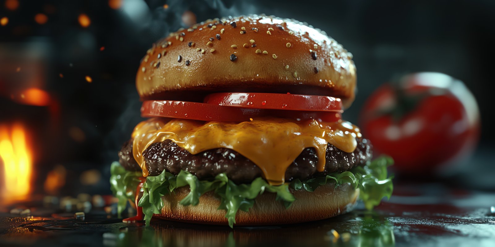Juicy burger topped with melted cheese and fresh vegetables prepared on a grill